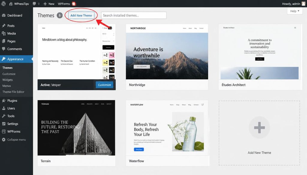 WordPress Appearance Themes screen highlighting Add New Theme when setting up a website.