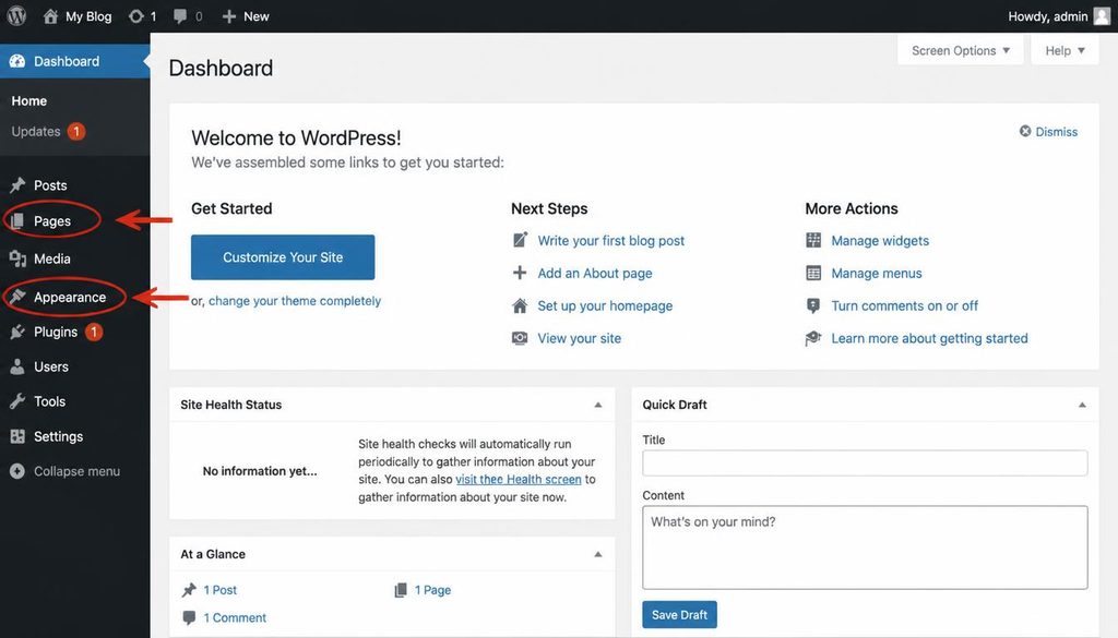 WordPress dashboard menu showing Pages and Appearance for a new website owner