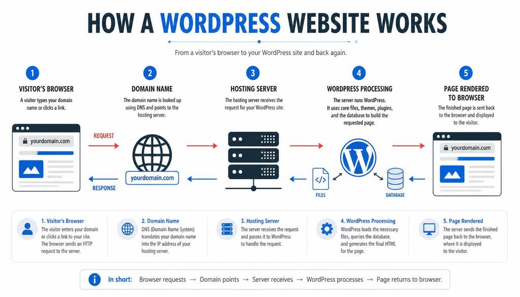 Diagram showing how a WordPress website connects a domain, hosting server, database, and visitor browser.
