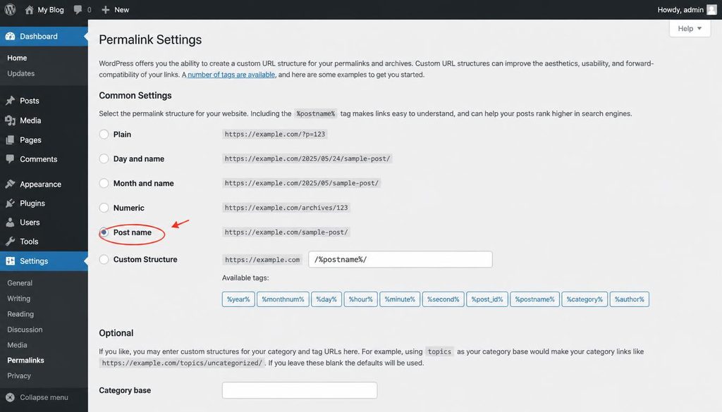 WordPress Settings Permalinks screen with the Post name URL structure highlighted.