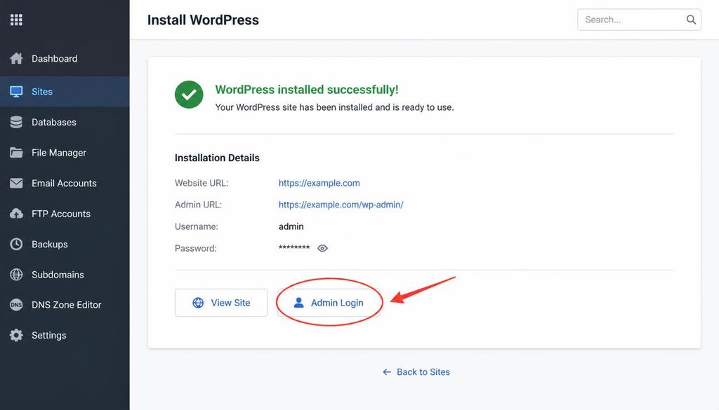 Successful WordPress installation screen with the Admin Login link highlighted.