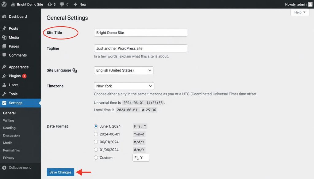 WordPress Settings General screen with the Site Title field highlighted.