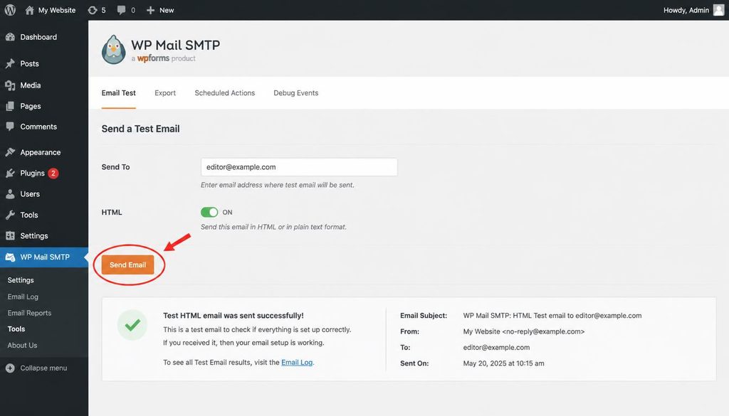WordPress email troubleshooting using an SMTP plugin test email screen to check whether site messages can be sent.