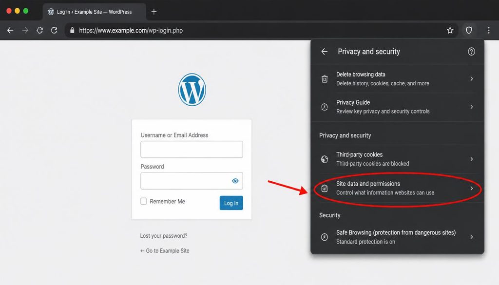 WordPress login troubleshooting showing the browser cookie settings to check when a login loop occurs.