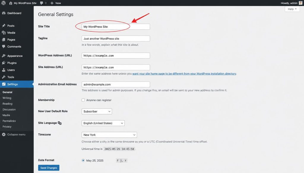 WordPress dashboard Settings General screen with the Site Title field highlighted.