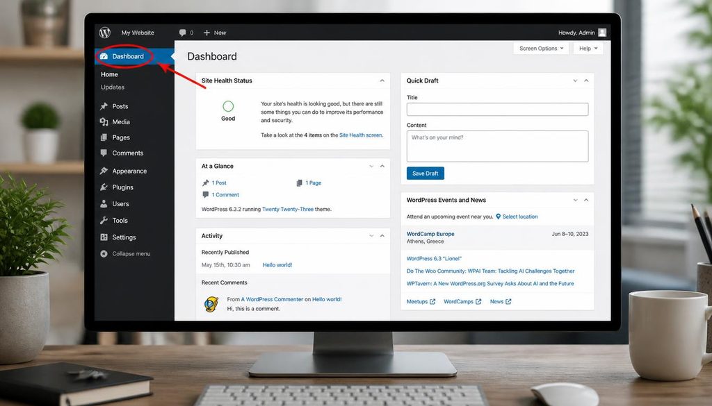 WordPress dashboard overview showing the main admin menu for managing a WordPress website.