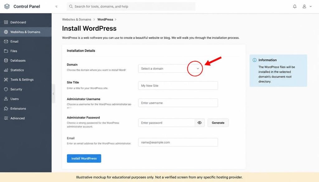 WordPress installation wizard showing the domain selection and site setup fields.