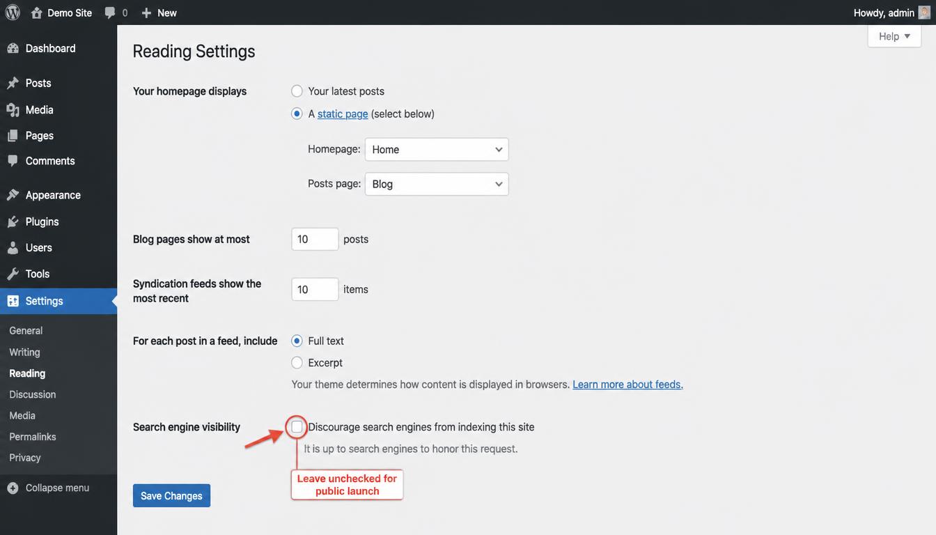 WordPress Reading Settings showing homepage display options and the search engine visibility checkbox before launch.
