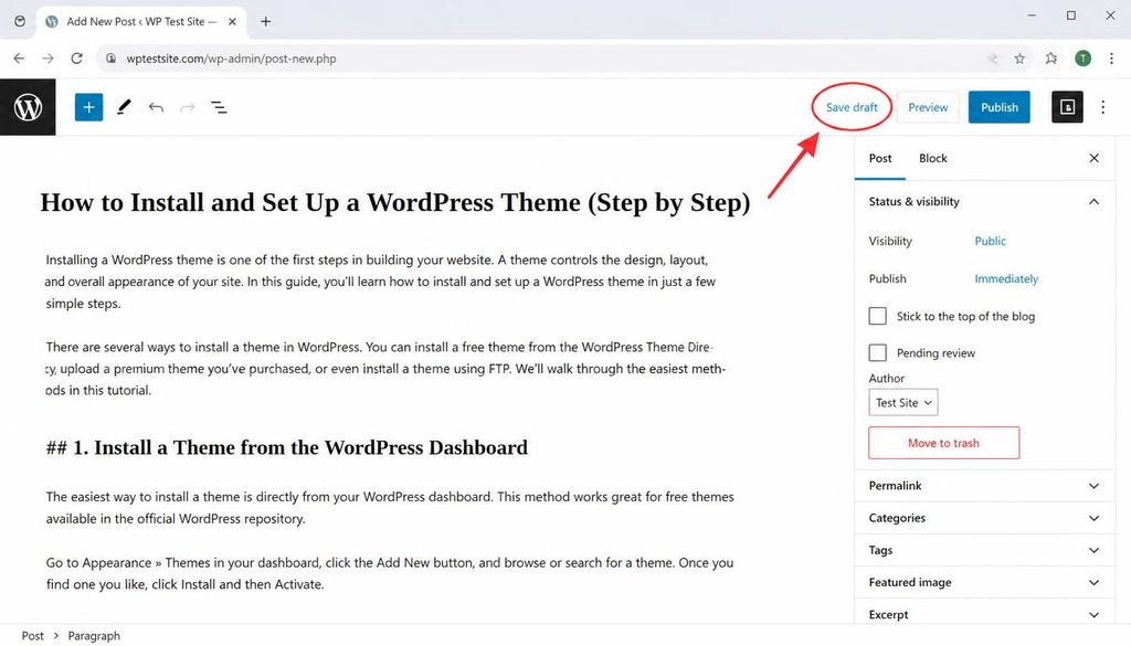 WordPress dashboard block editor with the Save draft control highlighted for a new post.