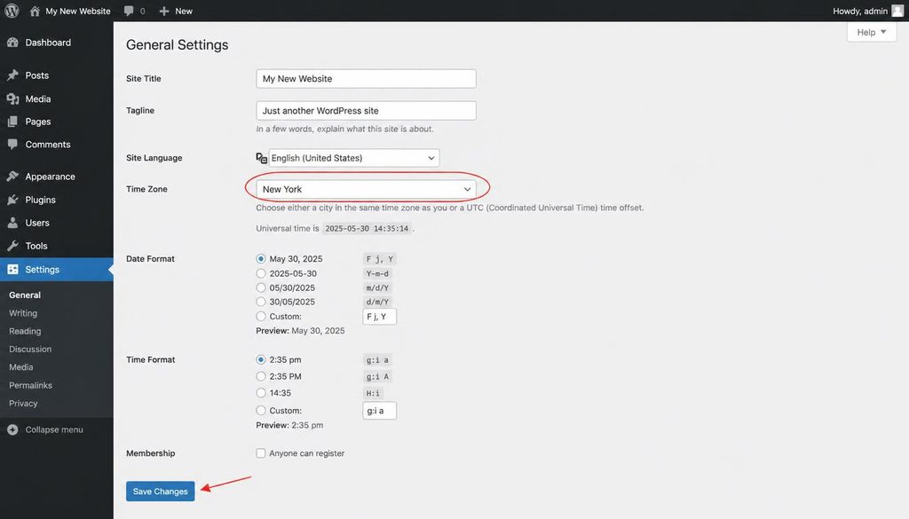 WordPress General Settings showing the site title, tagline, time zone, date format, and Save Changes button.