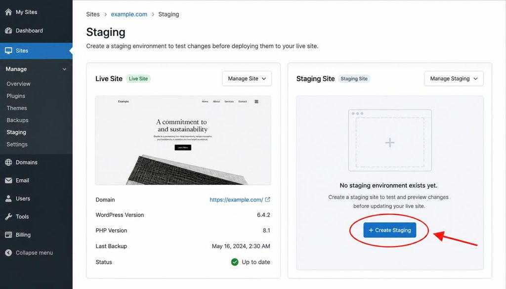 WordPress hosting dashboard showing the staging site option before a safe WordPress update.