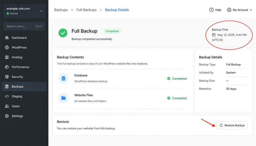 WordPress hosting dashboard showing a completed database and files backup before resetting WordPress.