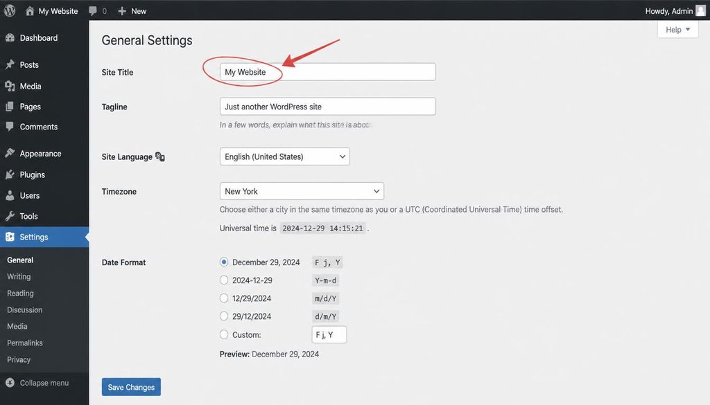 WordPress General Settings screen showing where to edit the site title and tagline.