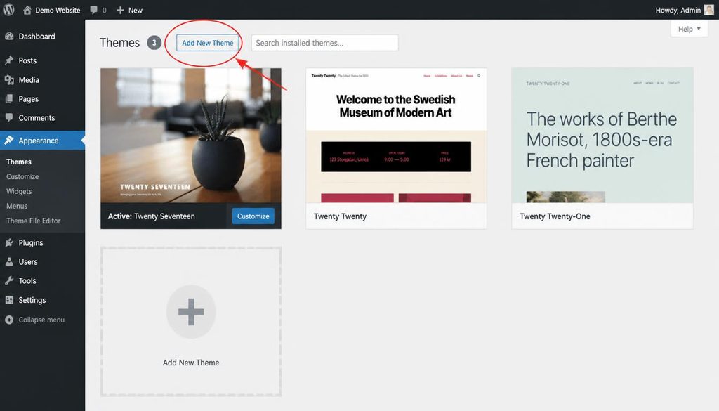 WordPress Themes screen showing how to browse and add a theme to a website.