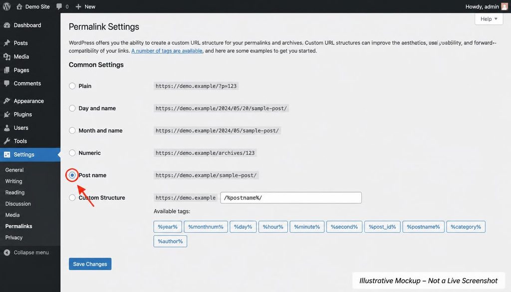WordPress Permalinks settings showing the Post name URL structure option.