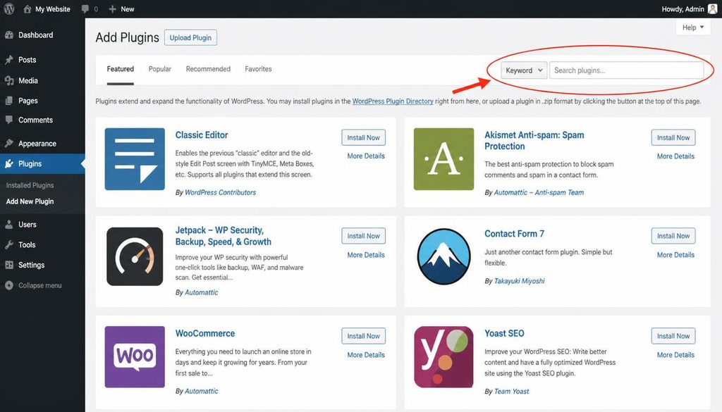 WordPress Add Plugins screen showing the plugin search field and installation controls.