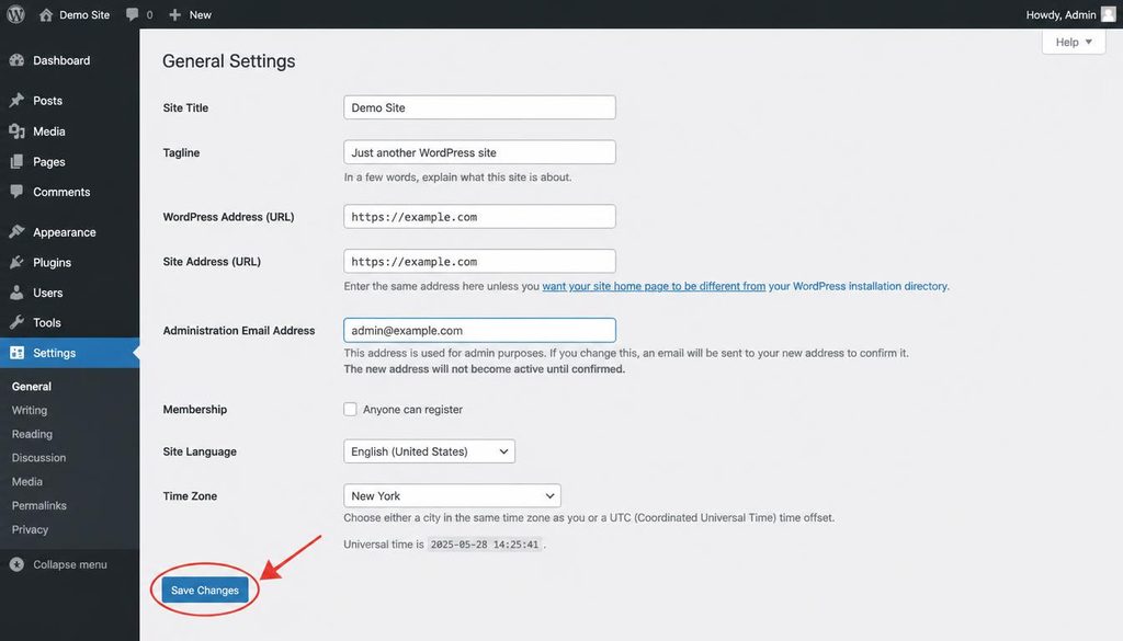 Save Changes button in WordPress General Settings after entering a new admin email address.