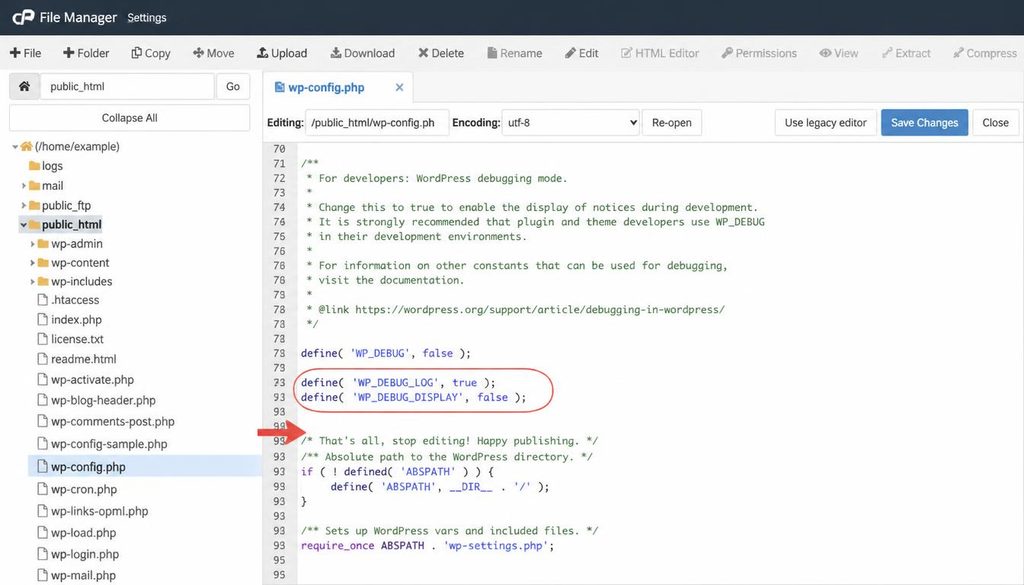 WordPress white screen troubleshooting with wp-config.php debug logging settings highlighted in a code editor.