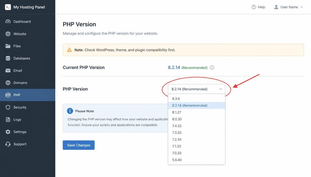 Hosting control panel showing the PHP version selector before a WordPress compatibility check.