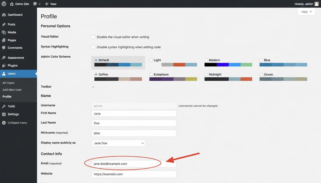 WordPress user profile screen showing the Email field for changing an administrator account email.