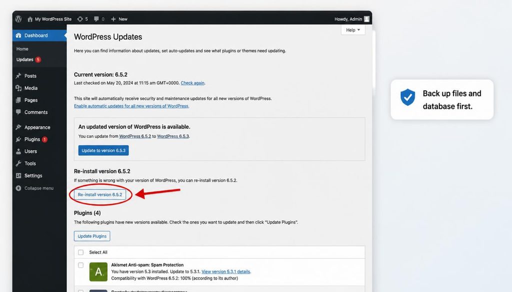 WordPress Dashboard Updates screen illustrating the core reinstall option after a full backup.
