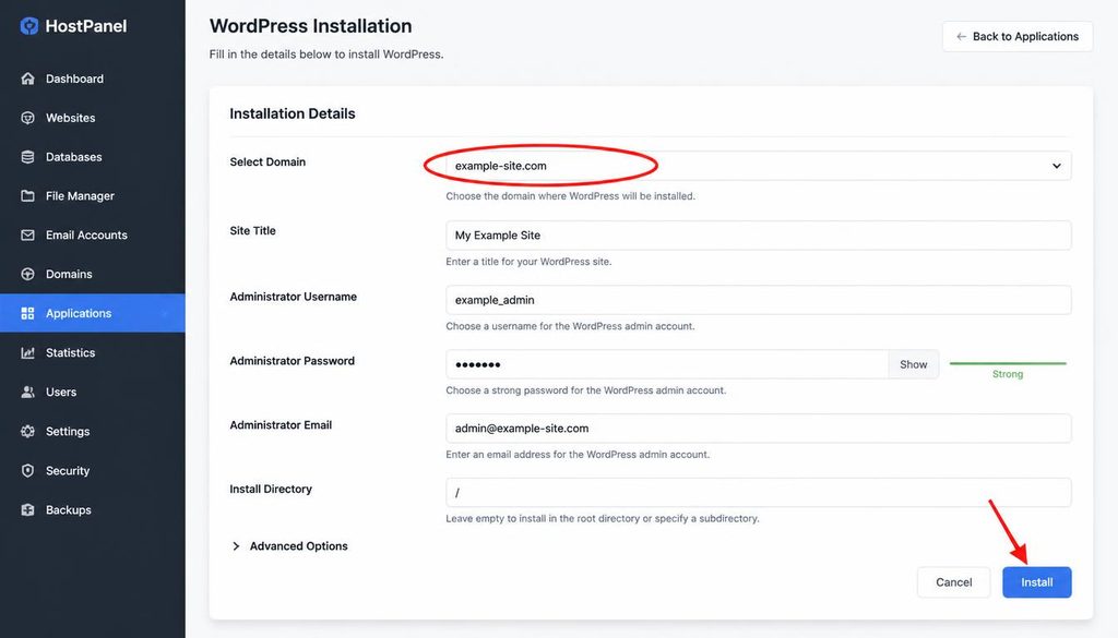 WordPress installation wizard with the domain field and Install button highlighted.