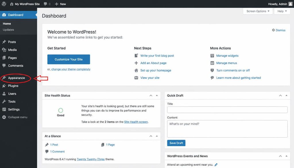 WordPress dashboard with Appearance, Plugins, Pages, and Settings highlighted for beginners.