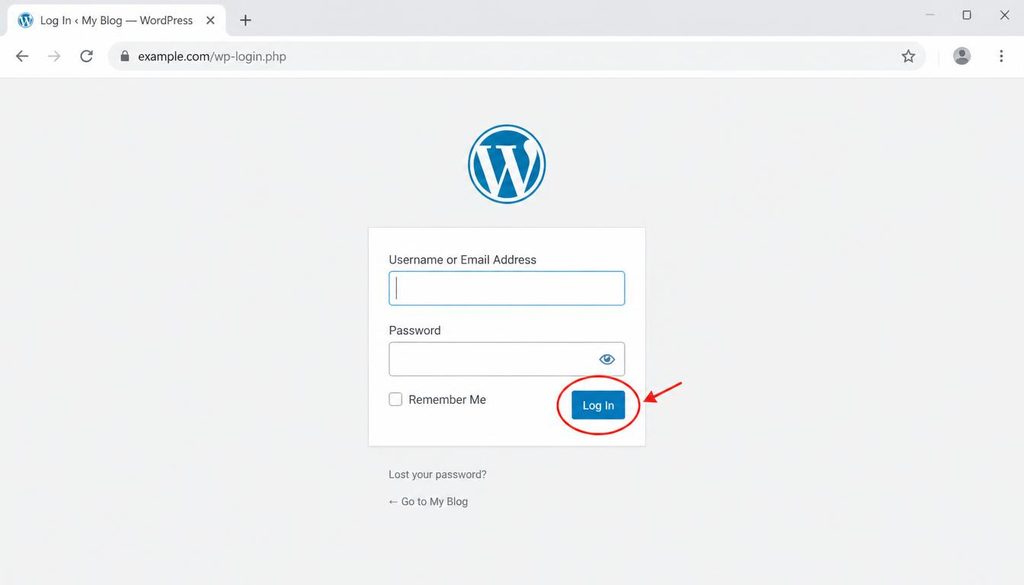 WordPress login screen with the username field, password field, and Log In button highlighted.