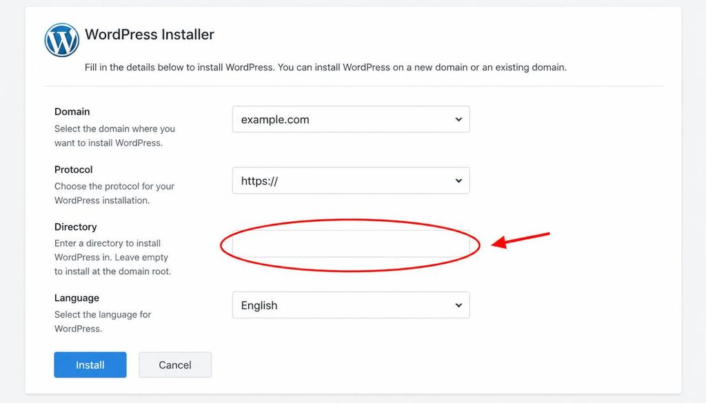 WordPress hosting installer showing the domain, HTTPS, and directory fields before installation.