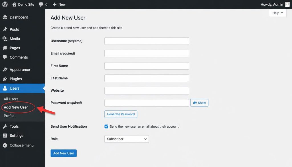 WordPress dashboard Users menu with Add New User highlighted for creating a replacement username.