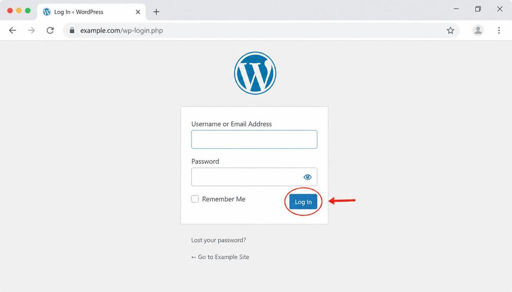 WordPress login page showing the username and password fields before changing a WordPress password.
