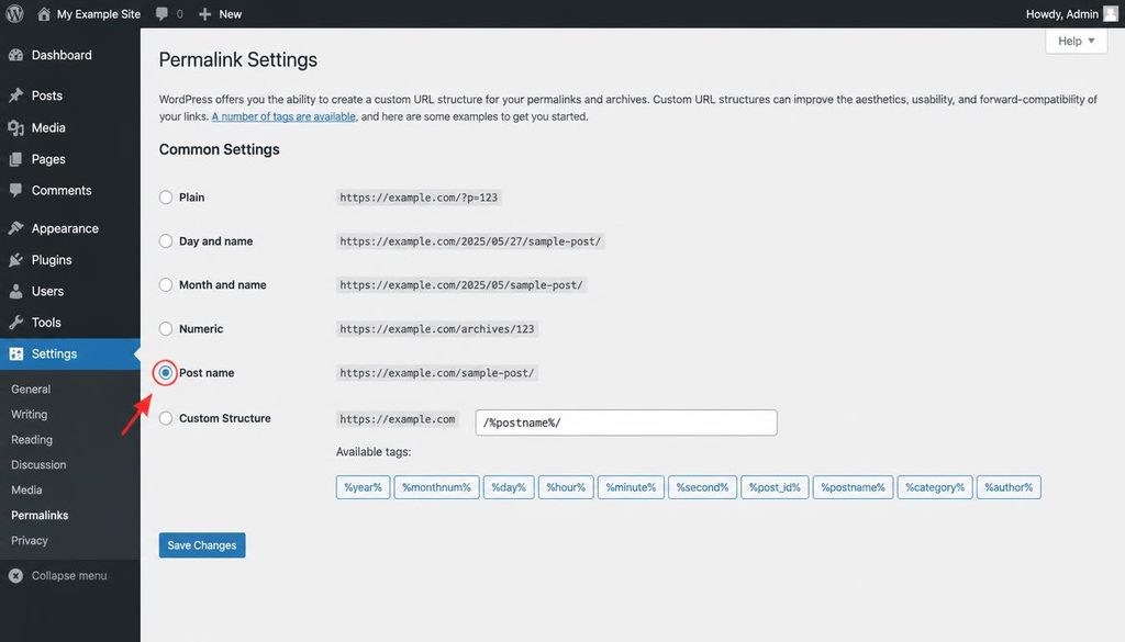 WordPress Permalinks settings with Post name selected after installing WordPress through cPanel.