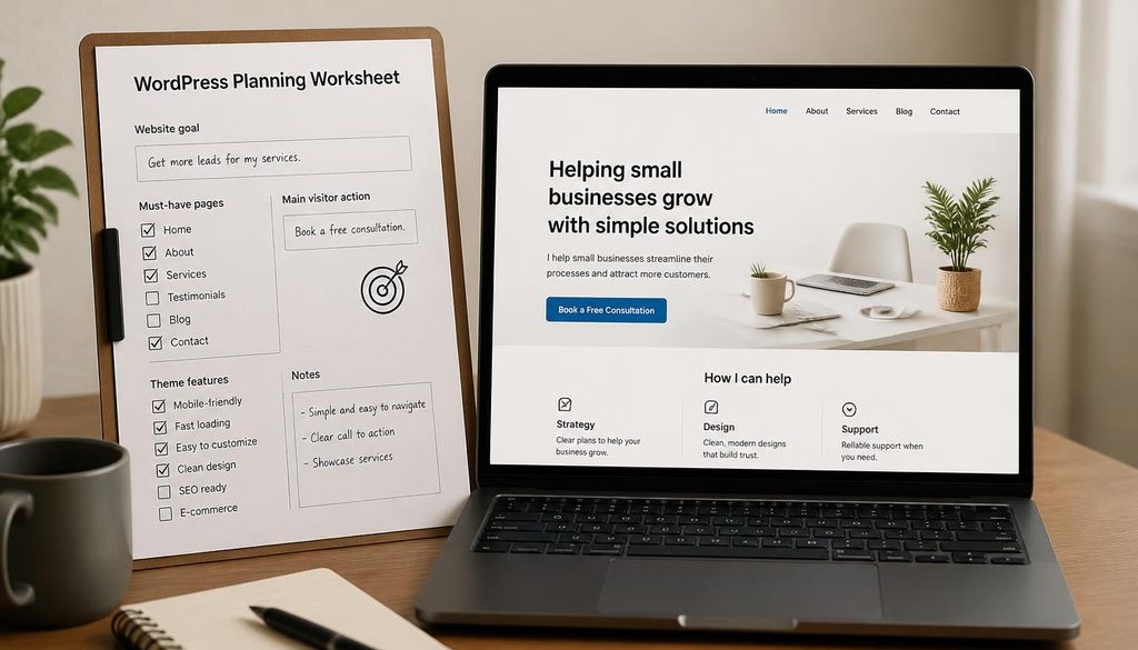 Planning checklist for choosing a WordPress theme based on website goals, pages, and needed features.