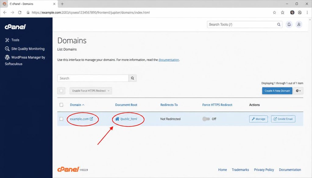cPanel Domains screen showing the website domain and document root to check before installing WordPress.
