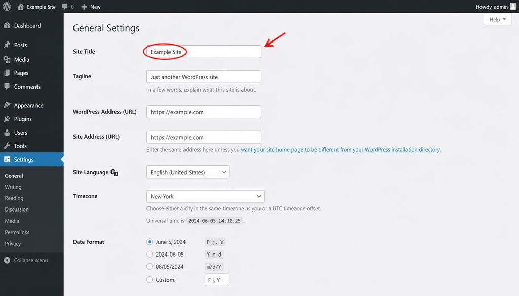 WordPress Settings General screen showing the site title and basic website configuration fields.