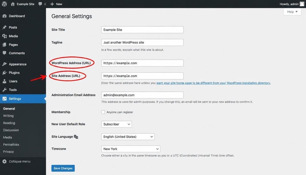 WordPress General Settings showing the WordPress Address and Site Address URL fields.