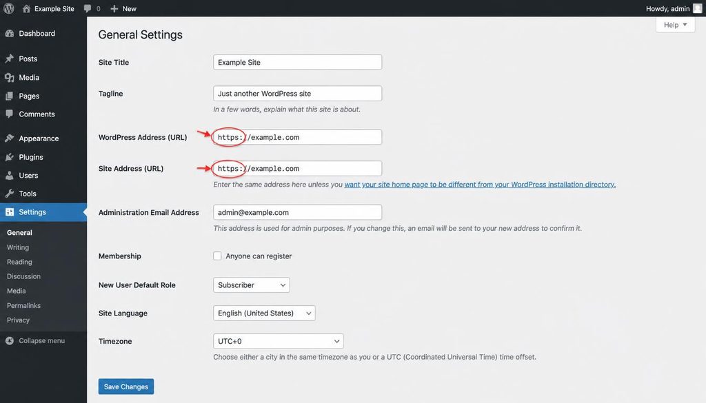 Changing the WordPress Address and Site Address from HTTP to HTTPS in General Settings.