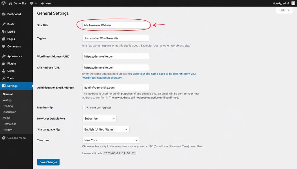 WordPress Settings General screen highlighting the Site Title field for changing a website name.