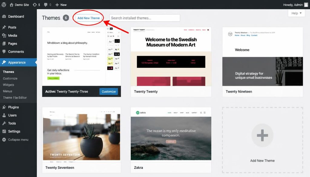 WordPress dashboard showing Appearance Themes and the Add New Theme button for installing a free WordPress theme.