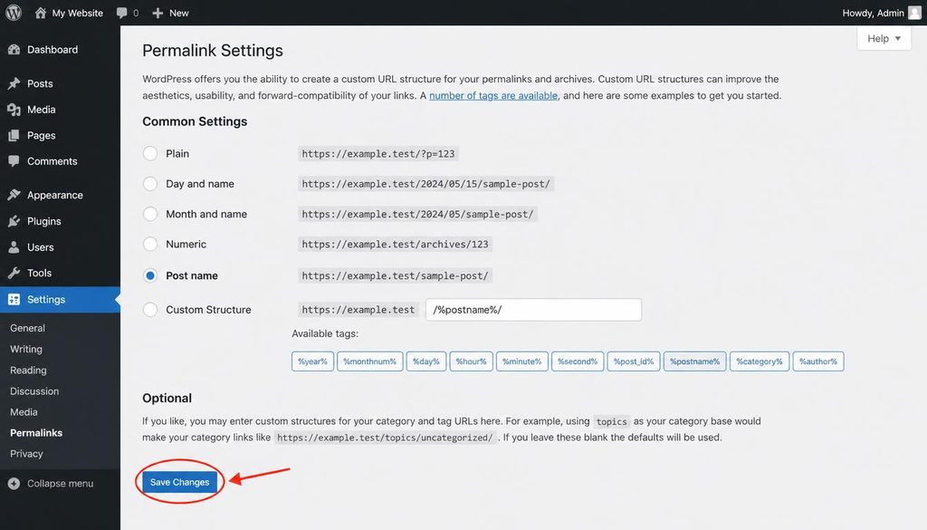 WordPress Settings Permalinks screen showing the Save Changes button used to refresh permalink rules and troubleshoot WordPress 404 errors.