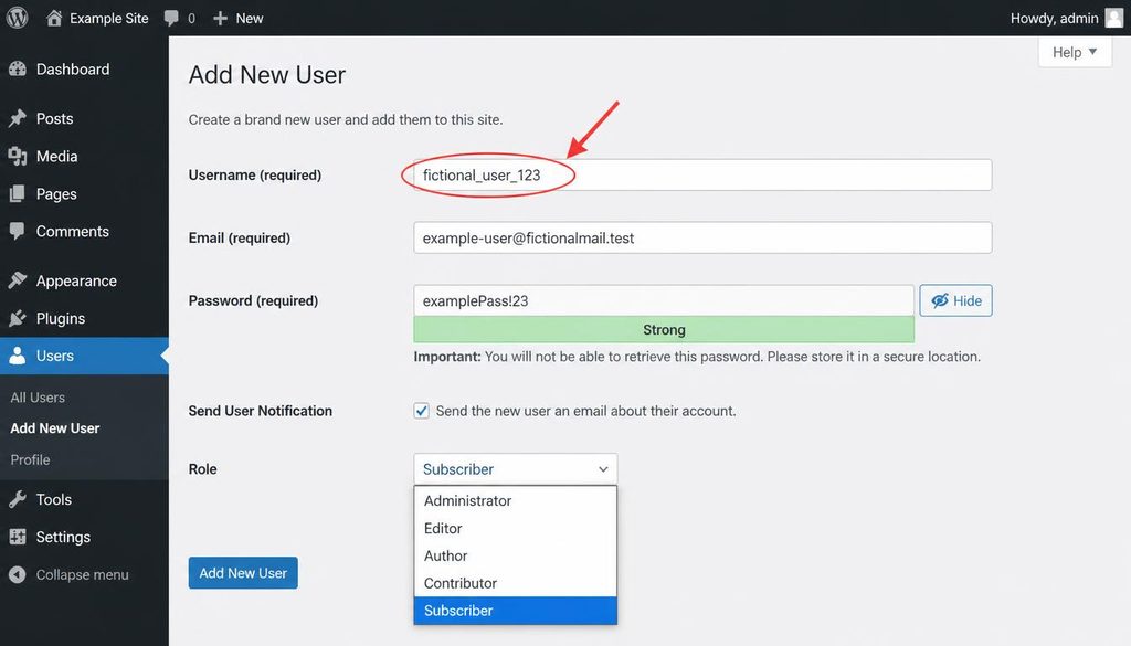 WordPress Add New User form showing the username field and account role selector.