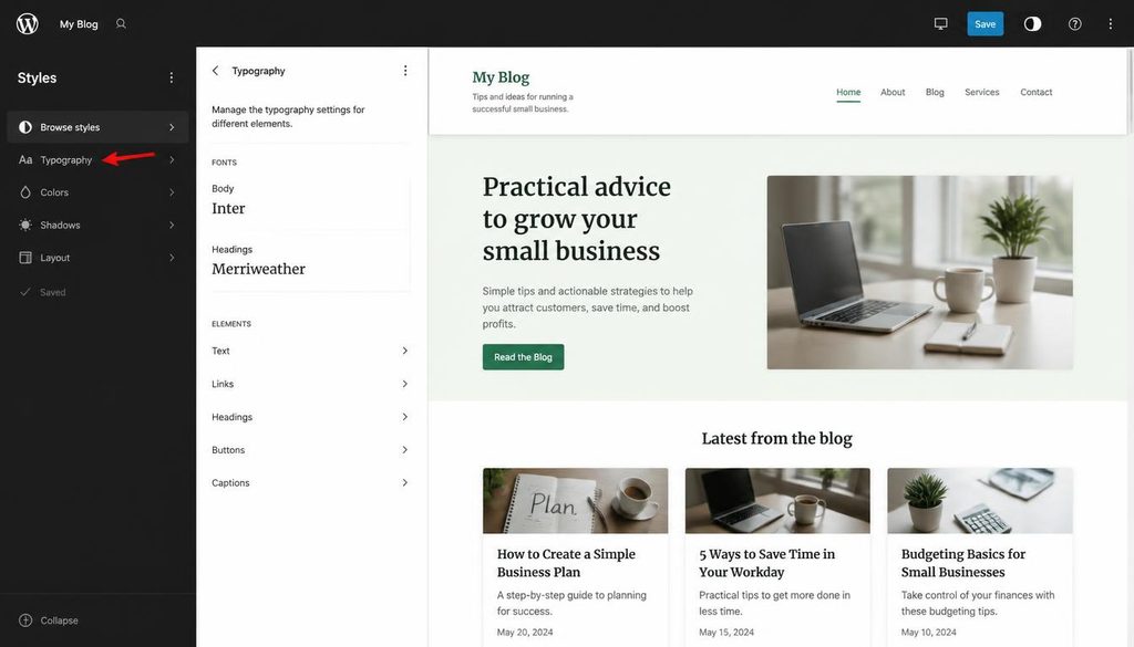 WordPress theme customization screen showing global typography and color settings for a beginner-friendly website design.
