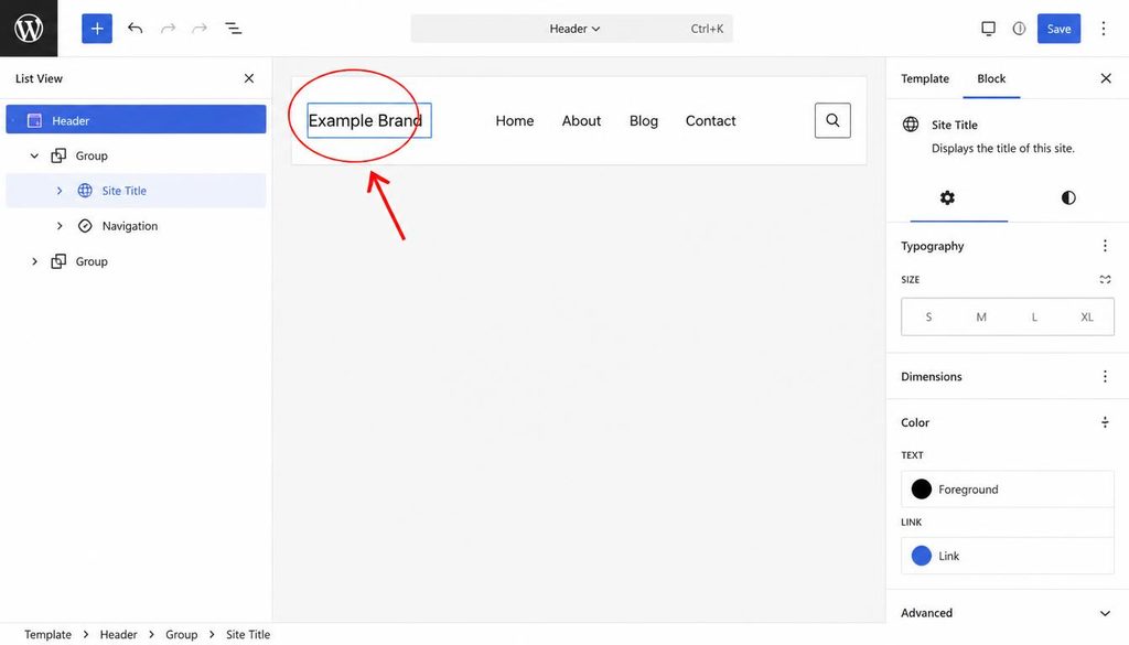 WordPress Site Editor showing the Site Title block in a website header template.