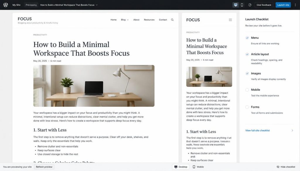 WordPress theme testing checklist showing article layout, images, navigation, and mobile preview.