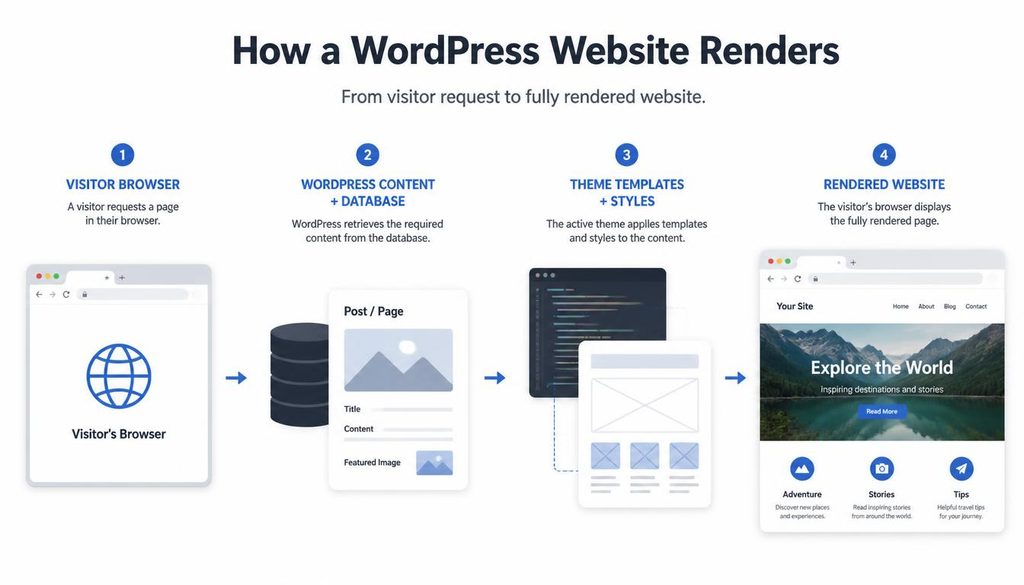  Diagram showing how WordPress content and theme templates work together to display a website.