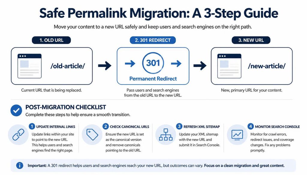 Diagram of an old WordPress URL redirecting to a new URL, with SEO migration checks.