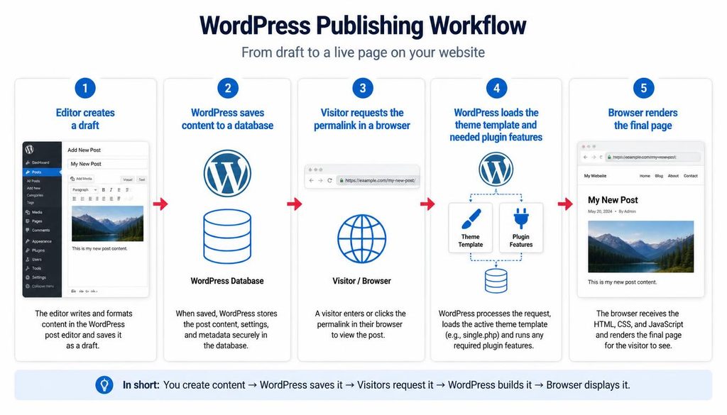 WordPress publishing workflow showing content creation, database storage, URL request, theme rendering, and browser display.