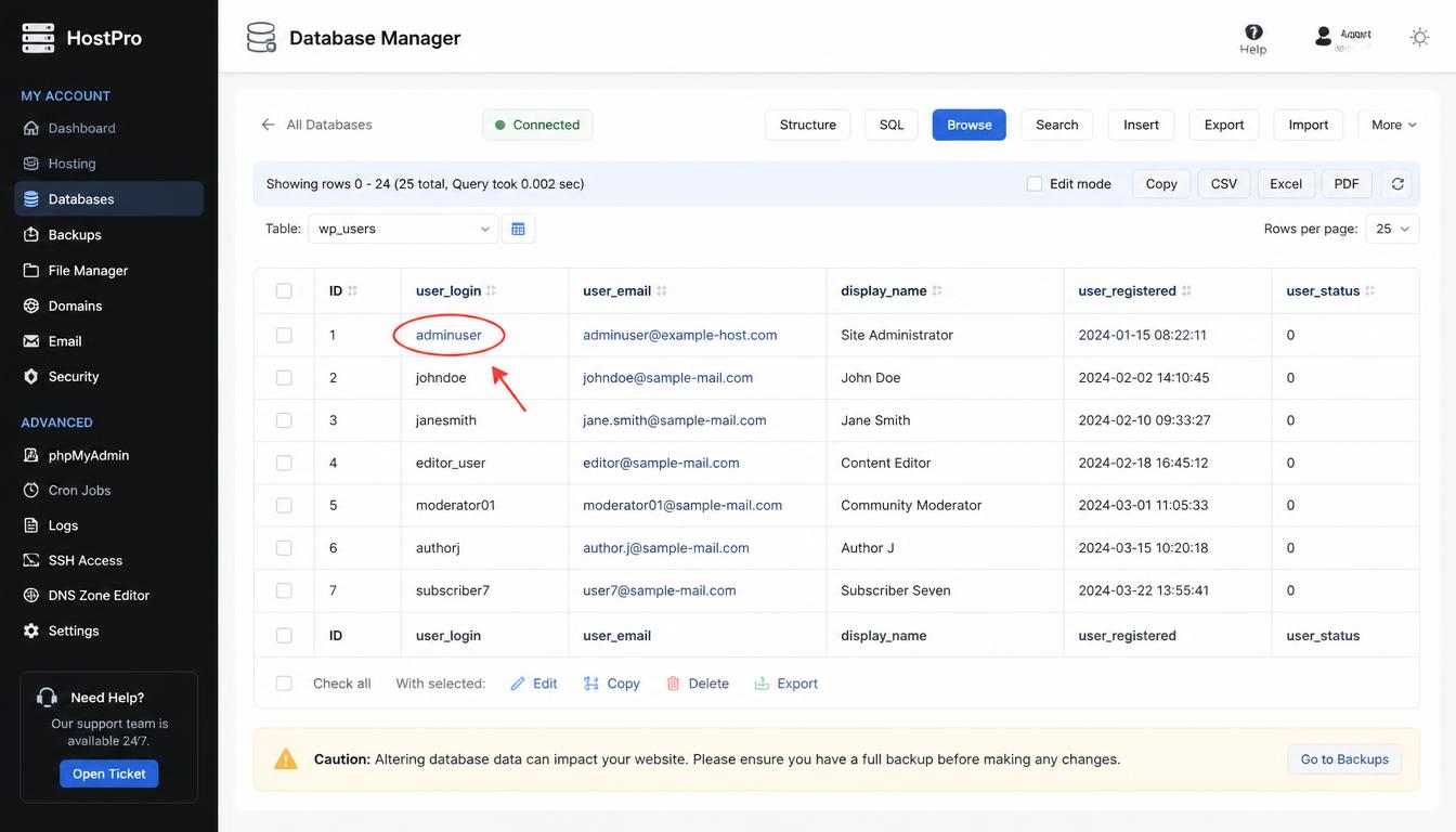Fictional WordPress users database table highlighting the user_login field during an advanced username change.