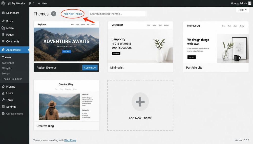 WordPress dashboard Themes screen with the Add New Theme control highlighted.