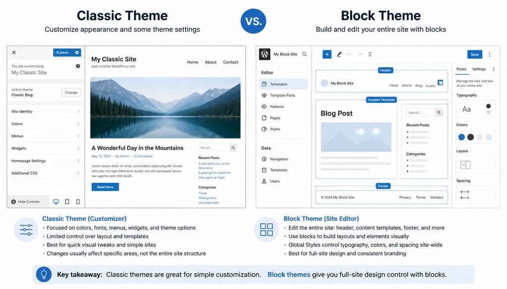 Comparison of classic WordPress themes and block themes with their different editing interfaces.